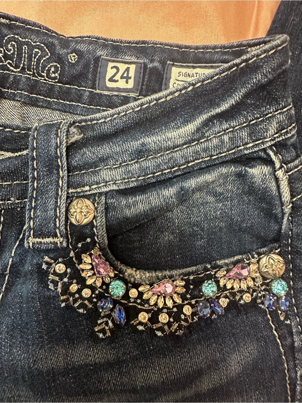 Miss Me Dark Wash Skinny Jeans with Multicolor Gem Embellishments - Picture 3 of 6